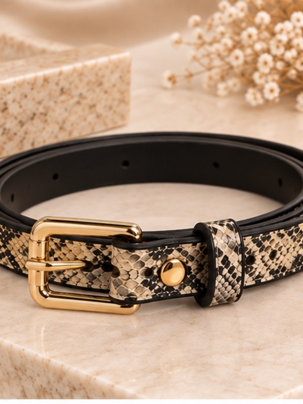 Snakeskin Print Belt with Gold Buckle Chic Neutral Statement Belt